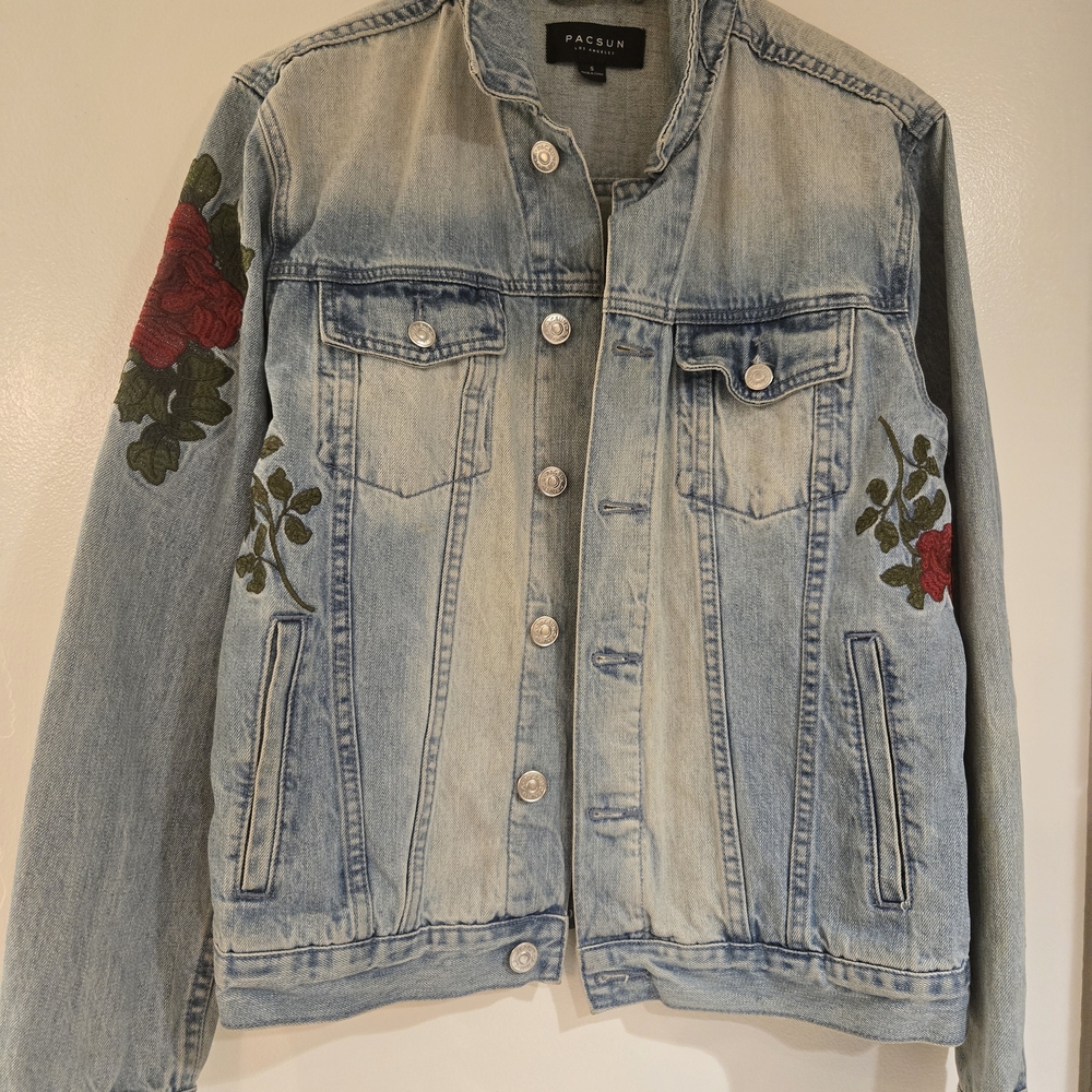 PacSun Women's Blue Denim Jacket with Red Floral Embroidery